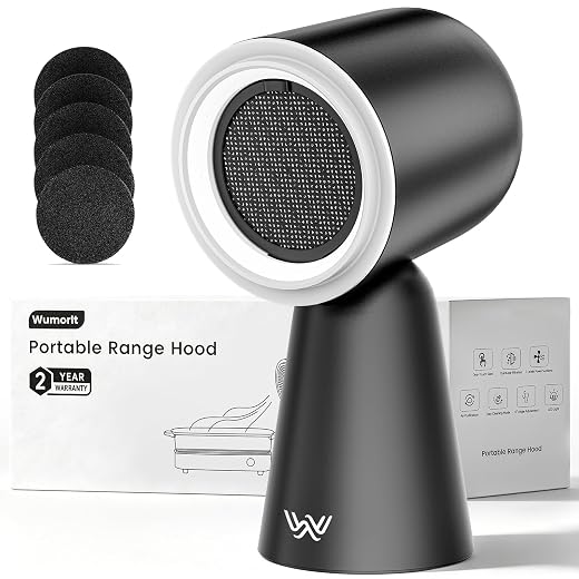 Portable Range Hood with Light, Desktop Kitchen Exhaust Fan with Water Washing Self-Cleaning Mode, 12° Adjustable Head, 3-Speed, Low Noise, Ideal for Apartment, RV, Indoor Hot Pot and BBQ (Black)