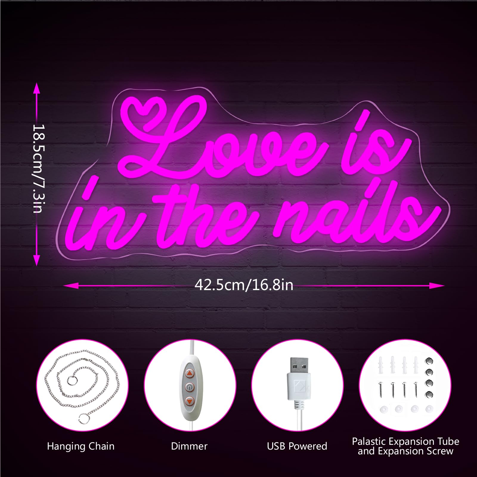 Panneau néon LED rose Love is in the Nails pour décoration de salon de manucure et salle de beauté, alimentation USB 5 V, intensité variable, cadeau de mariage/anniversaire/Noël pour filles (18,5 x