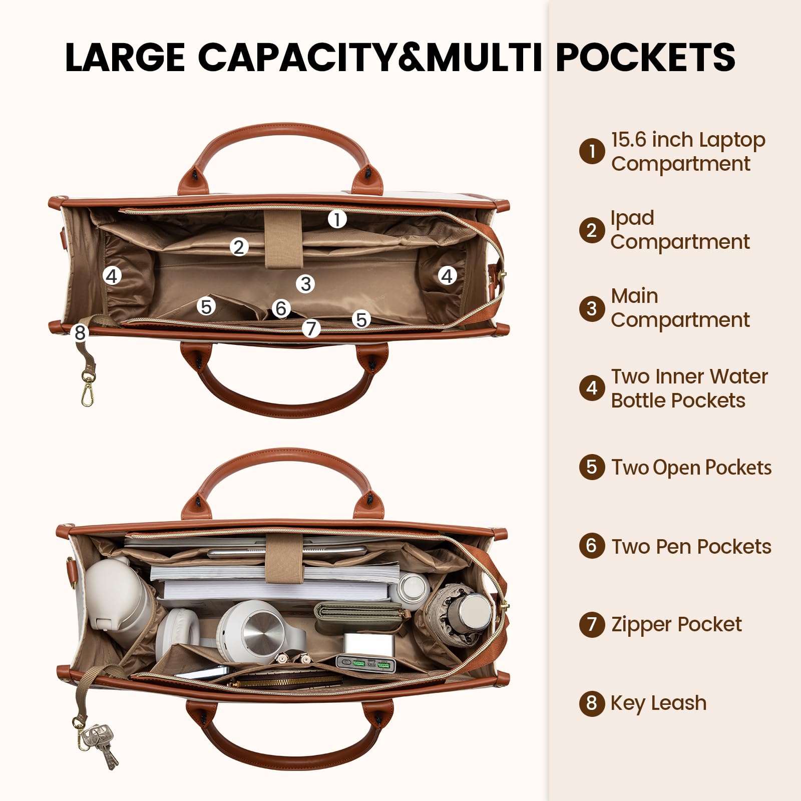 LOVEVOOK Bolsas de mano para laptop para mujer, bolsa de trabajo de 15.6 pulgadas, bolso grande profesional para profesores, bolsa ligera para computadora, maletín de negocios, oficina, beige-marrón