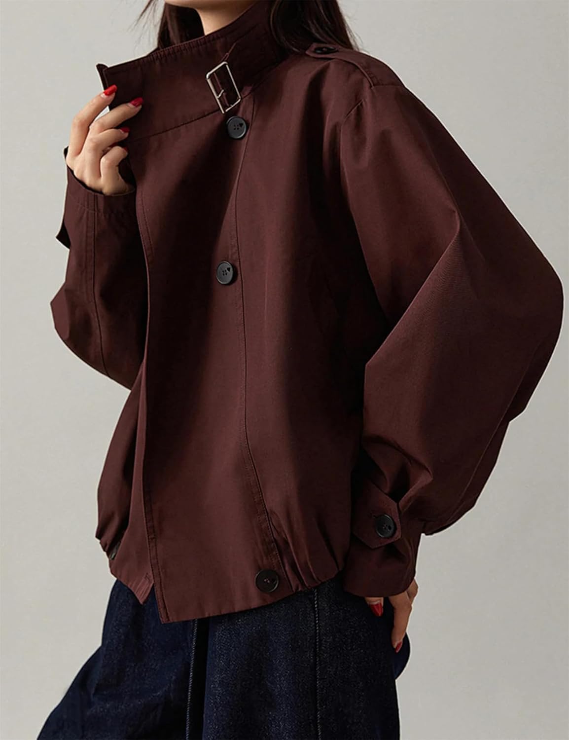 Womens Cropped Trench Coat Trendy Casual Turtleneck Vintage Jacket with Pockets Fall Fashion Outfits - Image 4