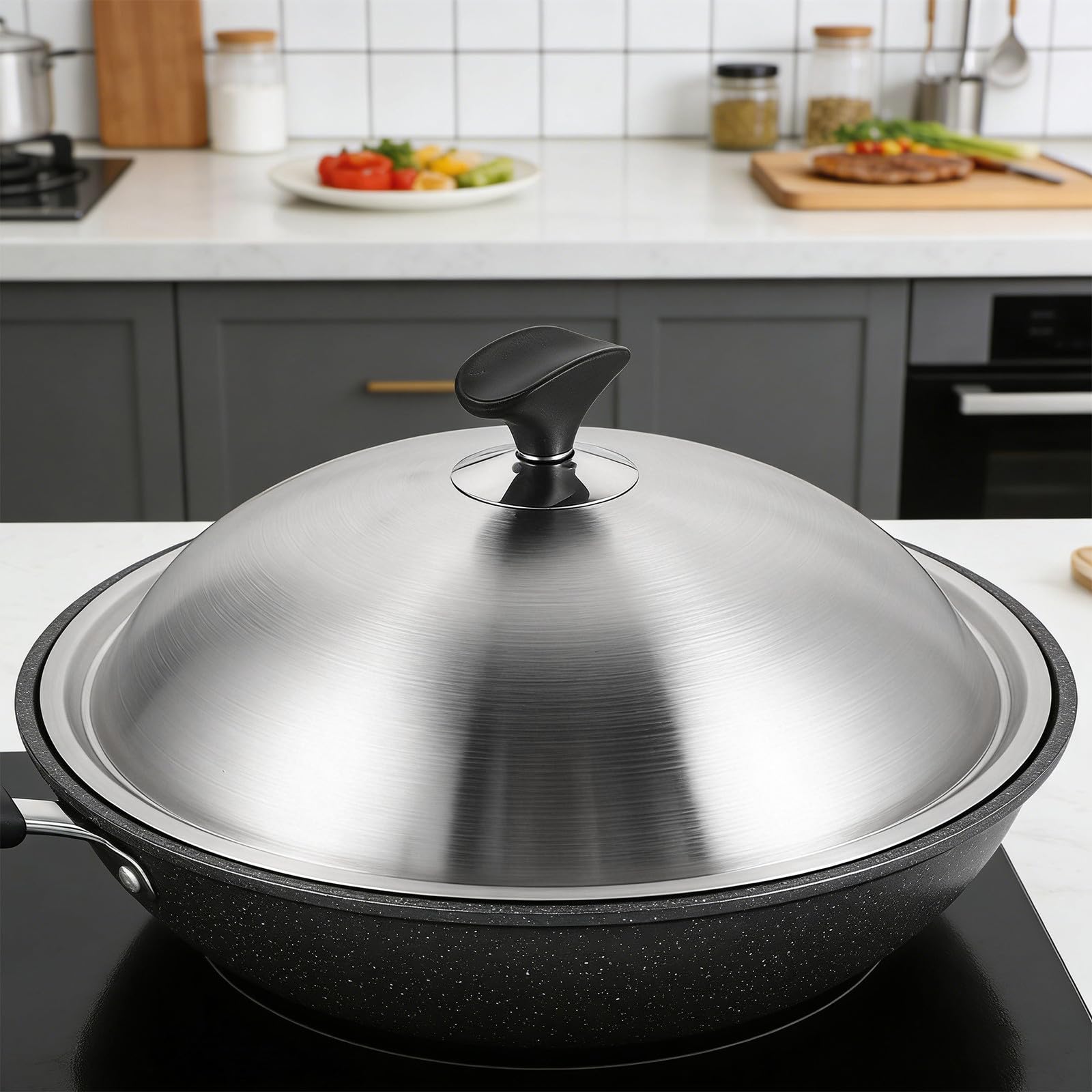 Kichvoe Coperchio per Pentola in Acciaio Inossidabile 30 Cm, Resistente alla Deformazione, Manico a Pomello, Adatto per Cucina e Pentole Domestiche