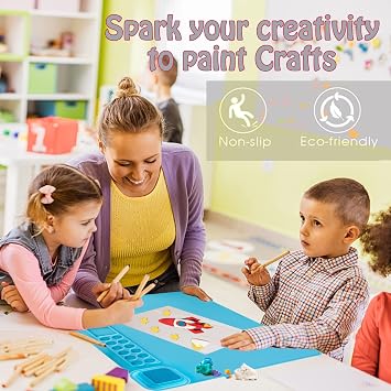 Painting Stations,Silicone Art Mat [1x Apron,1 Pair Oversleeve,20 Pieces Brushes] Painting Craft Mats 21X17 with Detachable Cup for Resin for Kids Gift,Paint, Clay, DIY Projects