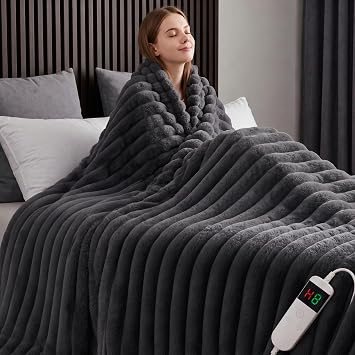 Heated Blanket Electric Throw 50x60 Inch - Thick Striped Flannel Electric Blanket,10 Heating Levels, 1-8 Hours Auto Off, Fast Heating Heating Blanket with Overheat Protection.