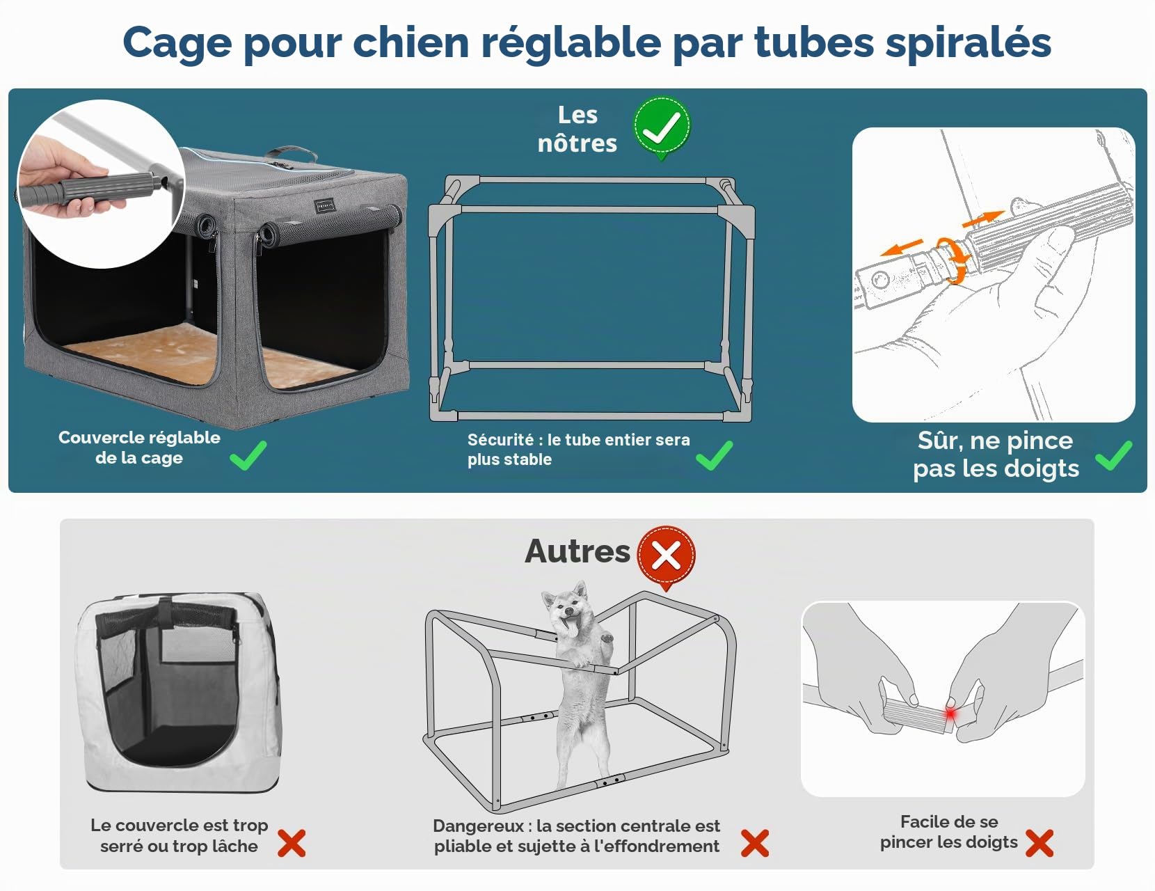 Petsfit Cage Portable pour Chien avec Tapis épais, Caisse de Transport pour Chien Manchon en Tissu réglable, Portes en Maille Respirante, M, Gris