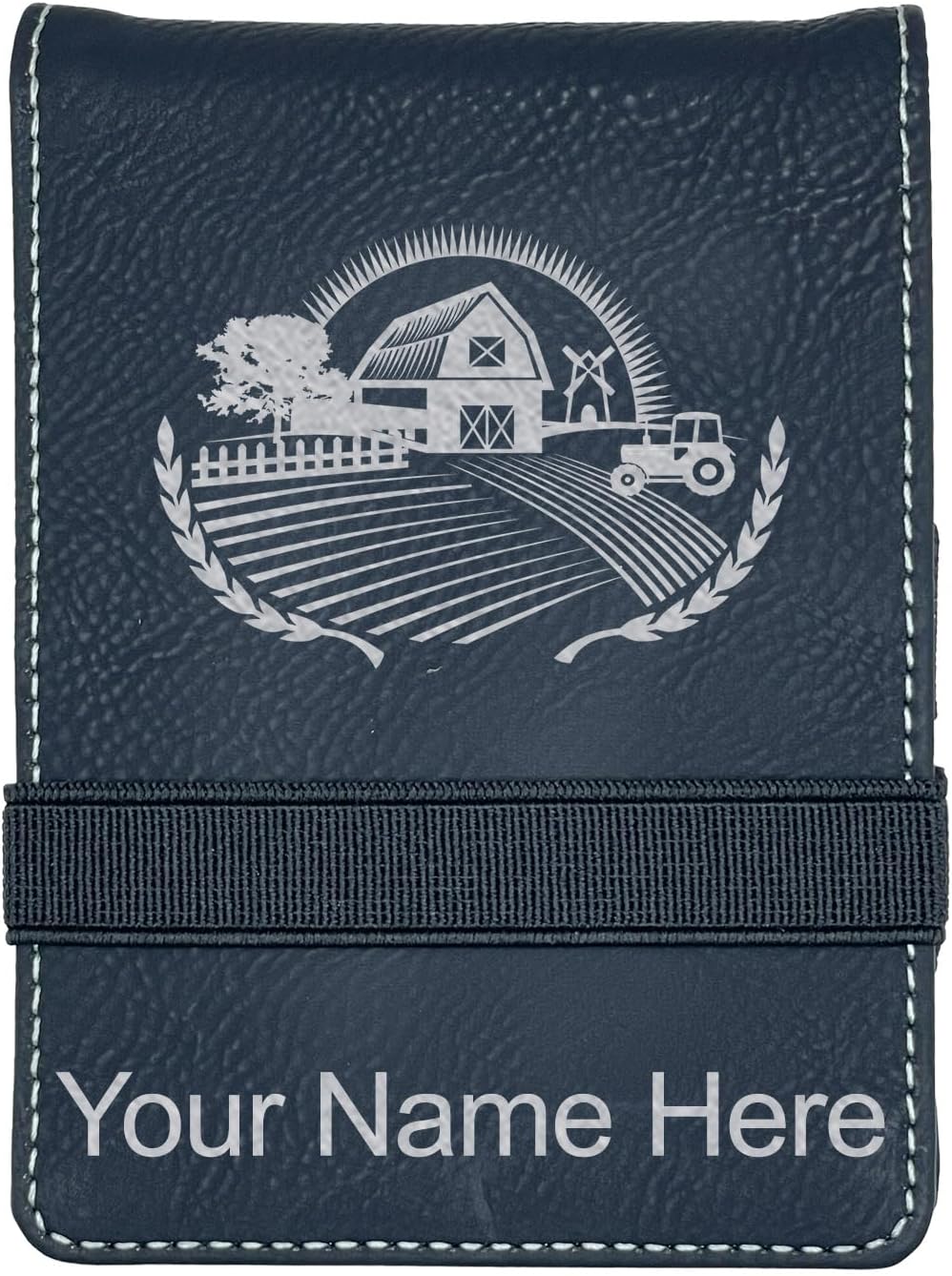 LaserGram Mini Padfolio with Notepad and Pen, Farm, Personalized Engraving Included (Black with Silver)