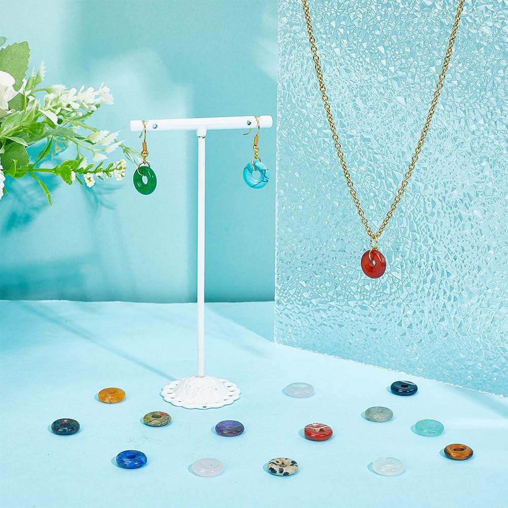 18 dijes de piedra natural en forma de dona, cuentas planas de piedra de dona, agujero grande, cuentas de piedras preciosas pulidas para pulseras, collares, aretes, joyería, agujero: 3 mm