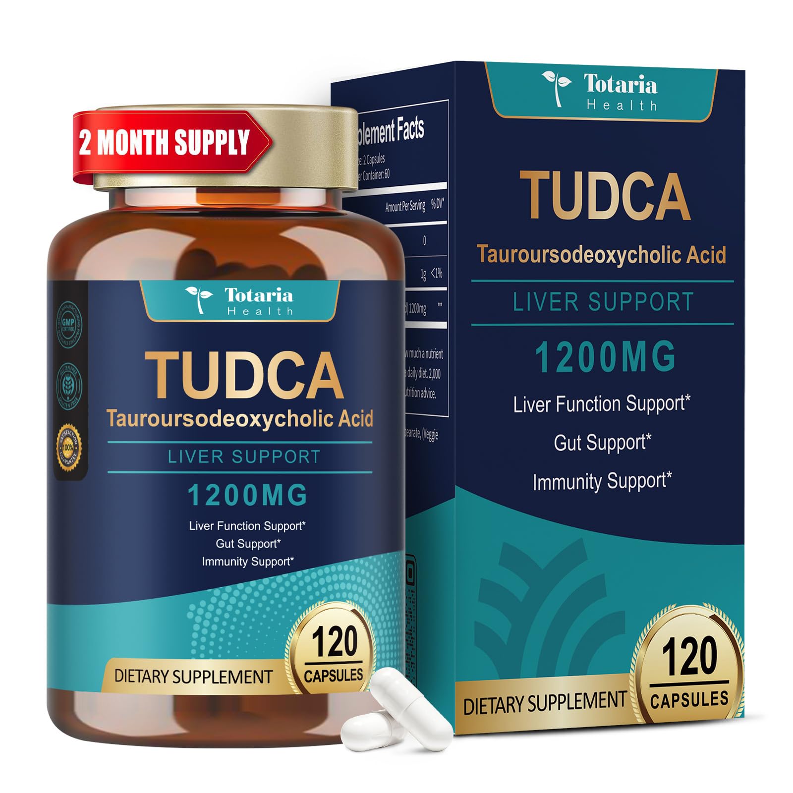 Totaria TUDCA Supplement 1200mg (Tauroursodeoxycholic Acid), 120 Capsules, Ultra Strength TUDCA Bile Salts Liver Supplements, Pure Tudca for Liver and Gallbladder Repair, Gut Health