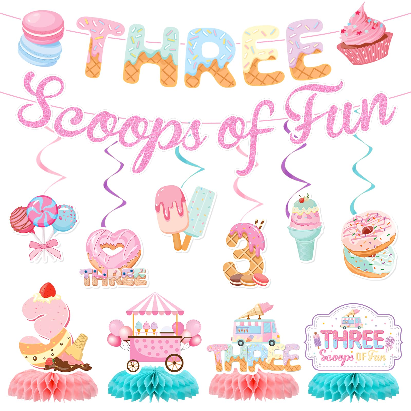 Ice Cream Birthday Party Decorations - NOVBAUB 18PCS Three Scoops of Fun Birthday Decorations Hanging Swirls Banner Honeycomb Centerpieces 3 Year Old