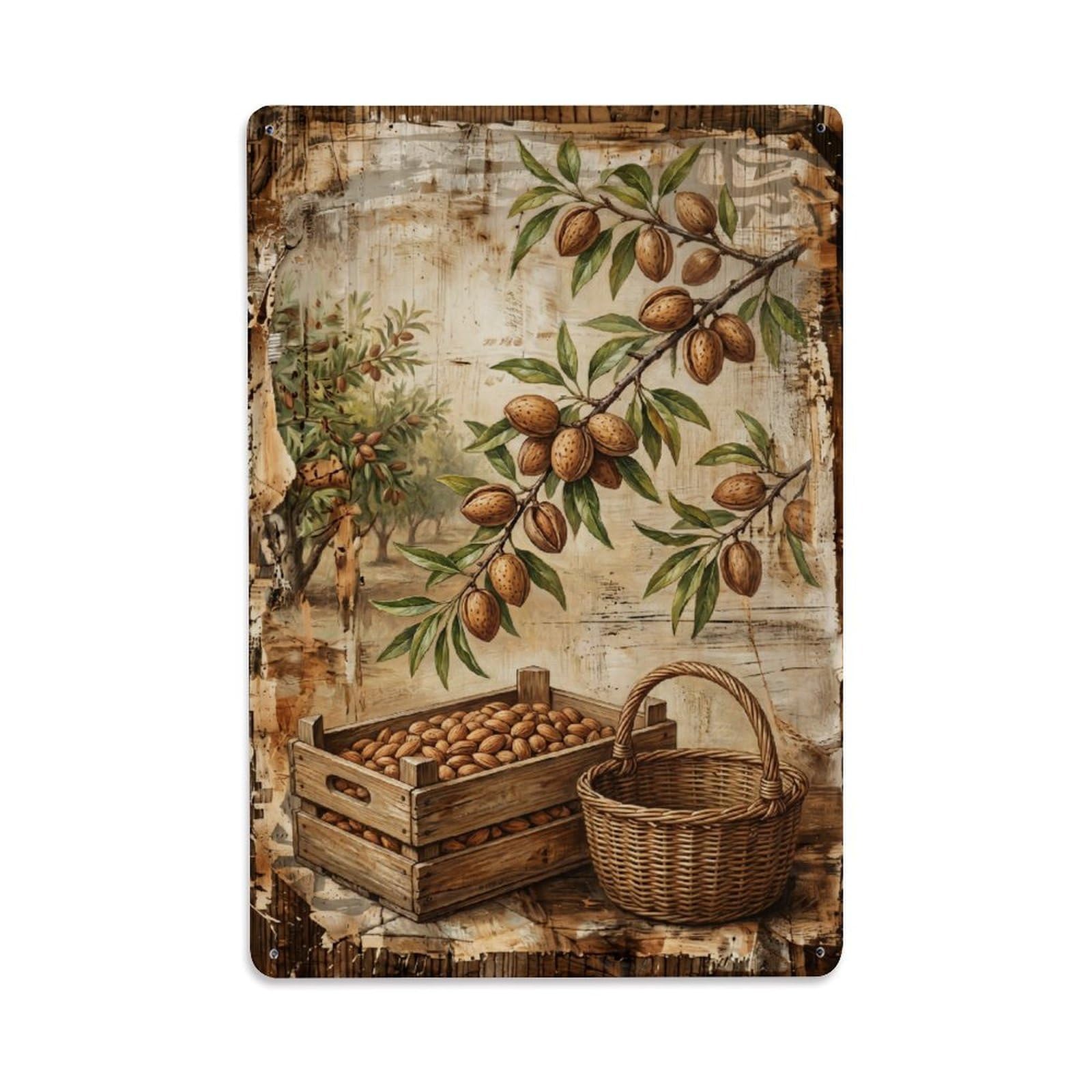 Almond Orchard Harvest Brown Nut Countryside Tree Vintage Metal Tin Sign Plaque Wall Decor for Cafe, Club, Garden Metal Poster 8x12Inch