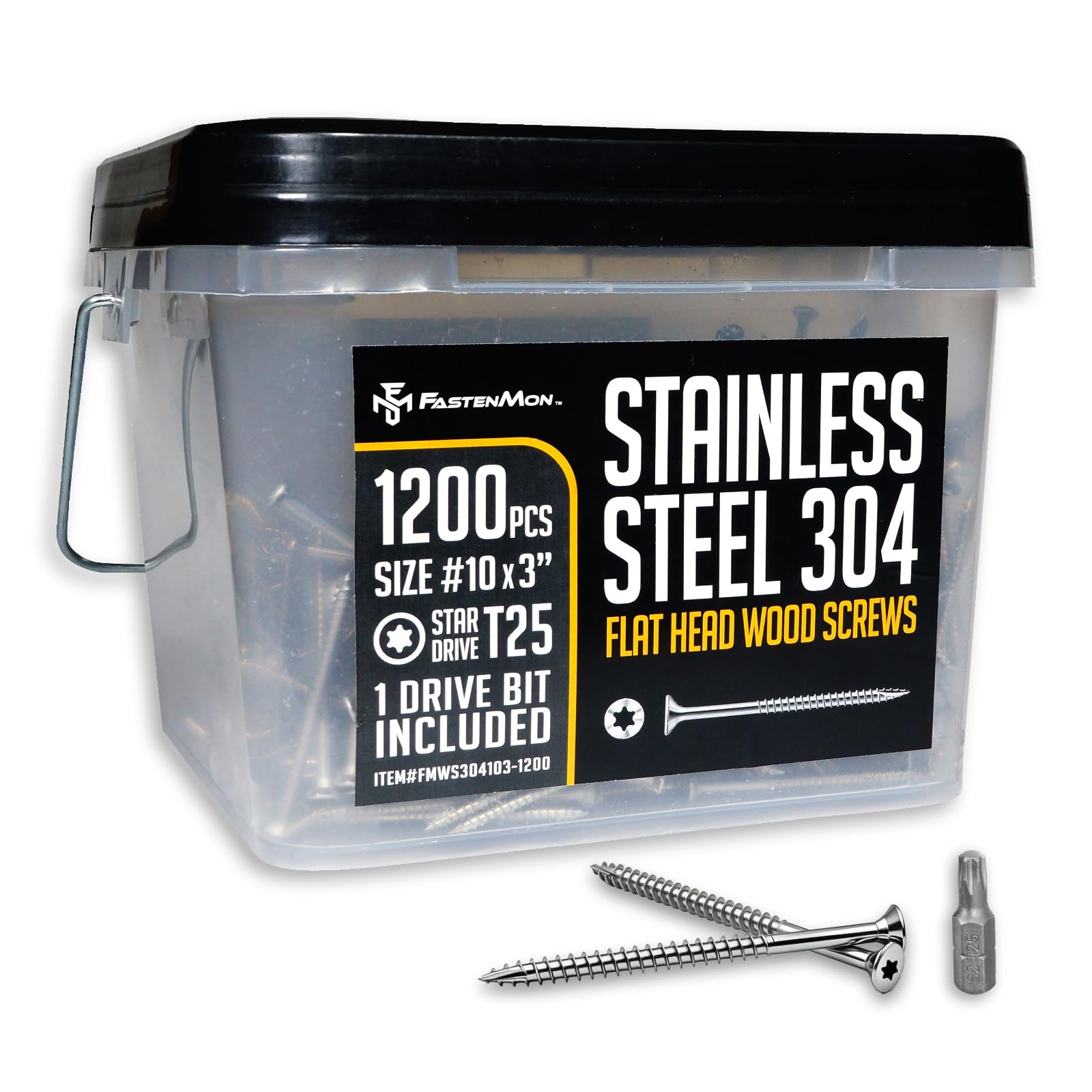 Fastenmon - Tornillos de cubierta de 10 x 3 pulgadas, 1200 piezas de 18 libras de acero inoxidable 304 Torx de cabeza plana, tornillos de madera para exteriores, una broca T 25 incluida