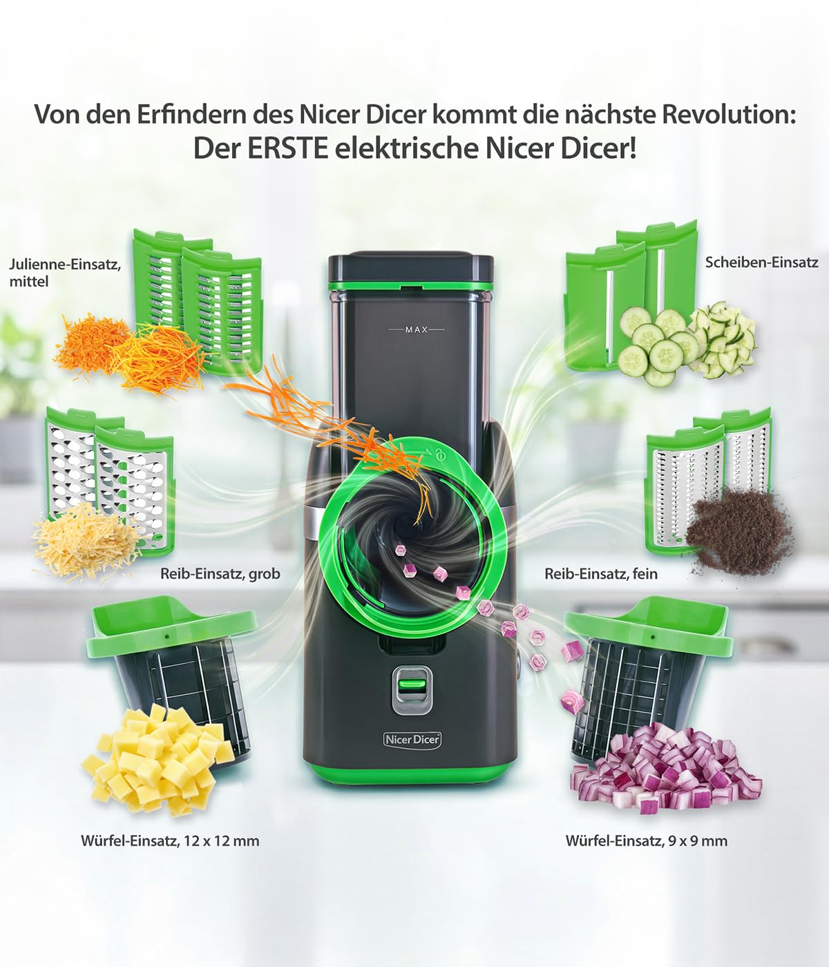 Nicer Dicer Elektrischer Gemüseschneider, 25-teilig, automatischer Gemüseschneider, Käsereibe für Gemüse, Obst, Nüsse, 6 extra scharfe Einsätze, Ein-Knopf, leicht zu reinigen, leistungsstark