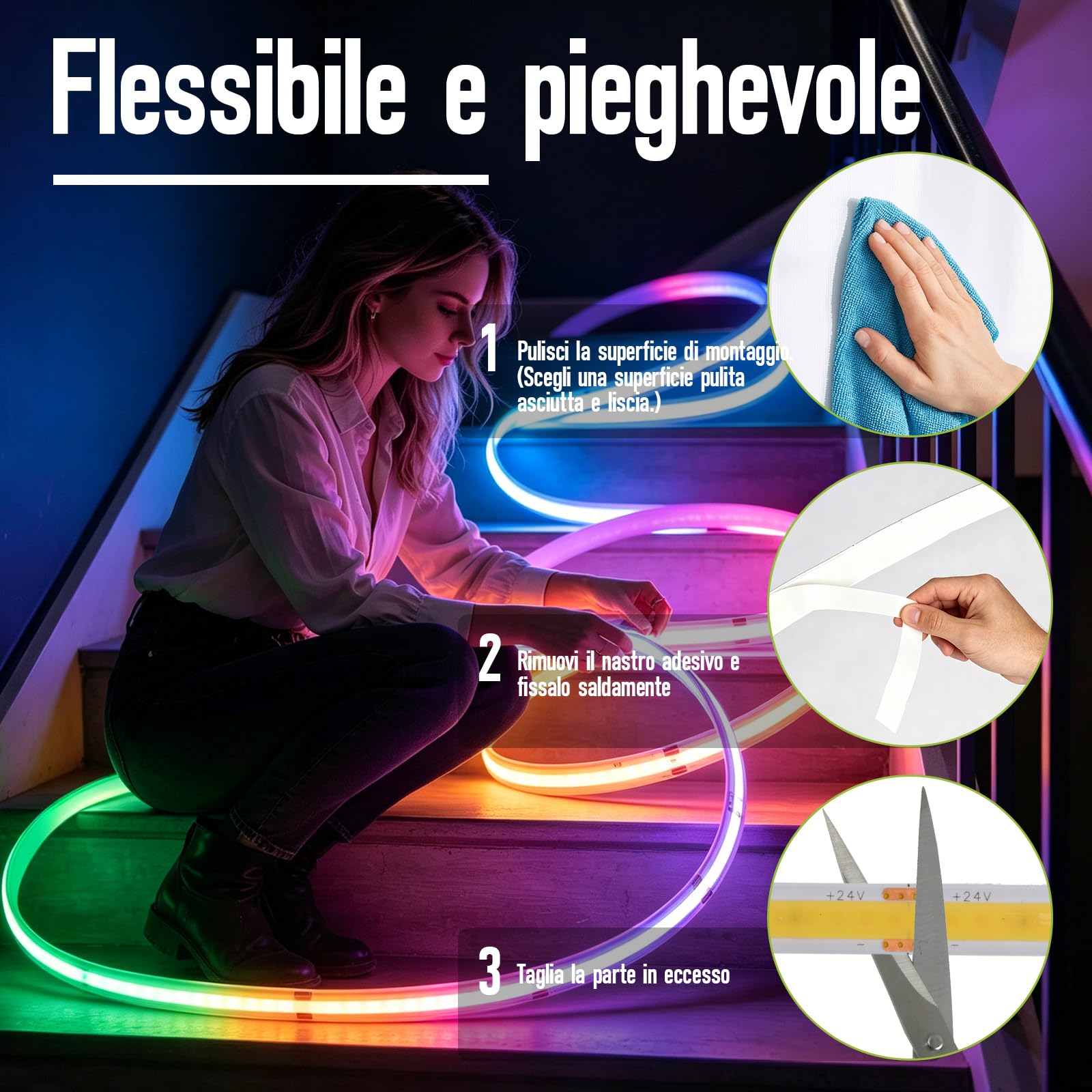 Striscia LED COB RGB 5M/16.40FT con Telecomando 576 LED/M 24V Autoadesiva CRI90+ Flessibile Striscia Luminosa DIY con Alimentatore AC/DC per Interni, Cucina e Decorazioni