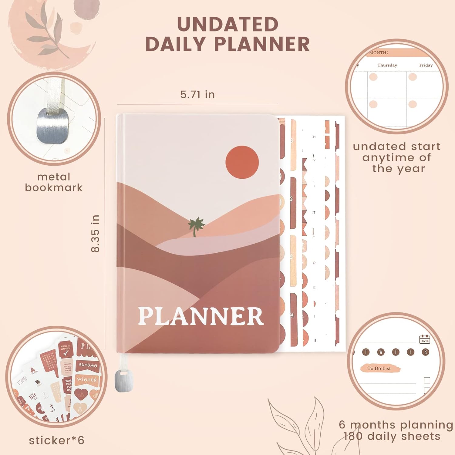 JueNi Daily To Do List Planner Notebook with Stickers (8”x 6”) - 2023 6 Months Undated Task Checklist Academic Planner Journal with Stickers for Time Management- Office Supplies to Organize Appointments & Schedules, Plan Agendas, And Boost Productivity- Pink Dawn : Office Products