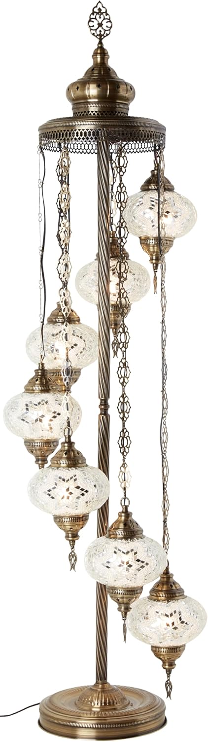 DEMMEX - 7 Large Globes Turkish Moroccan Mosaic Floor Lamp, Tiffany-Style Bohemian Standing Lamp, 5-Foot Tall, 7-Inch Handcrafted Globes, Boho Floor Lamp for Living Room, Bedroom, Office, White
