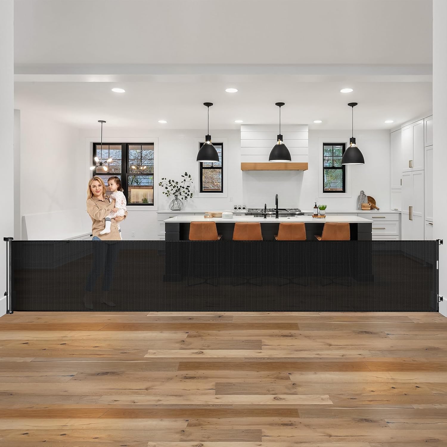 185 Inch Extra Long Baby Gates for Large Openings, Retractable Baby Gates Extra Wide Retractable Dog Gate Outdoor Retractable Gate Indoor Extra Large Baby Gate, Mesh Gates for Kids Or Pets, Black Black (33" Tall x 185" Wide)