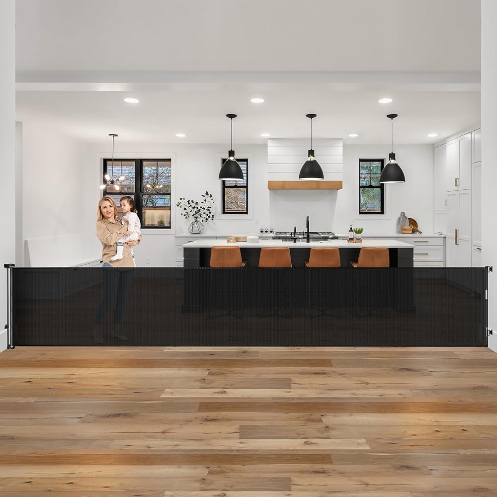 185 Inch Extra Long Baby Gates for Large Openings, Retractable Baby Gates Extra Wide Retractable Dog Gate Outdoor Retractable Gate Indoor Extra Large Dog Gate, Mesh Gates for Kids Or Pets, Black