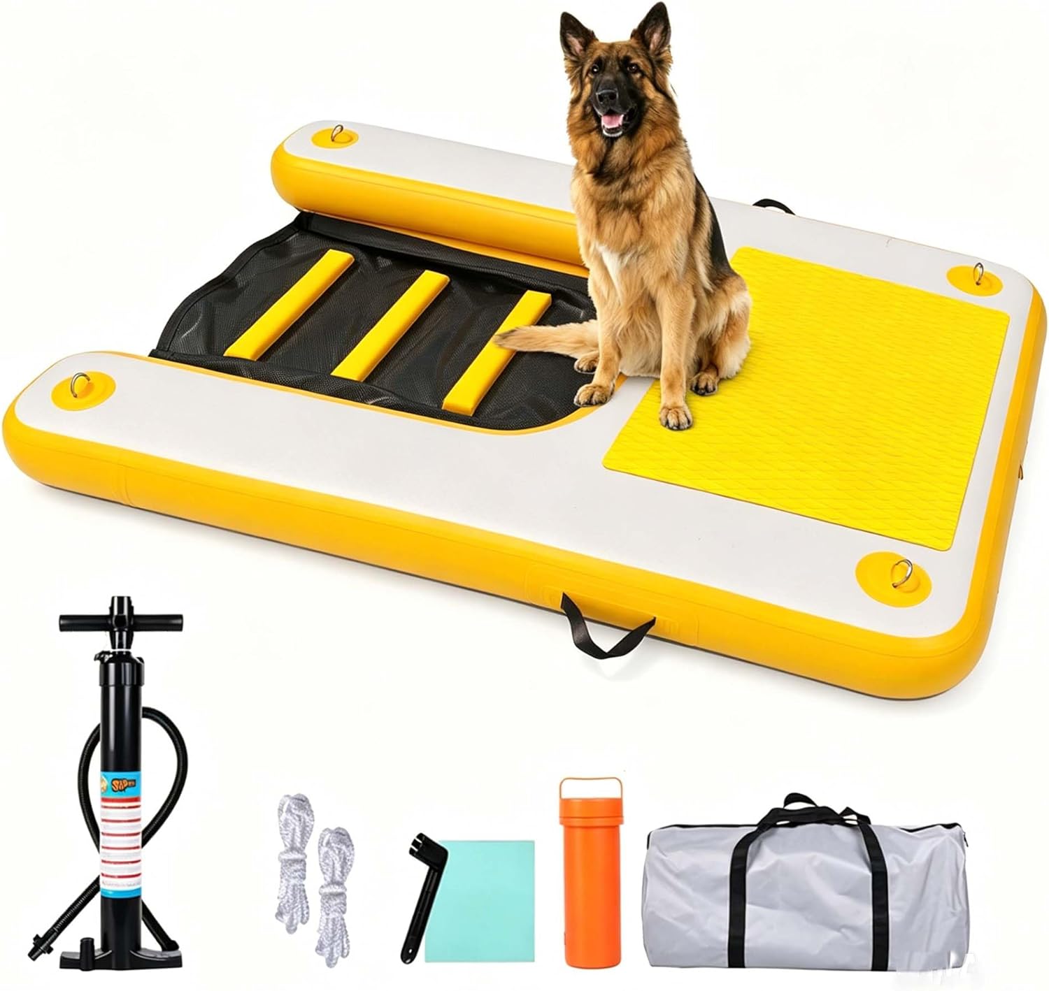 Inflatable Dog Boat Ramp Floating Dock Water Ladder for Pool, Boat, Non-Slip EVA Floating Ladder Pool Ramp for Dog Up to 220 LBs with Dual-Action Air Pump