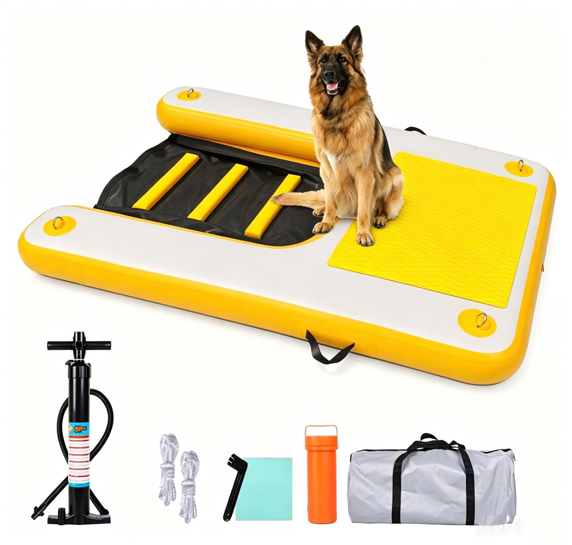 HEYLIFE Aufblasbare Hunde Wasserrampe bis 82 kg Schwimmend Pool See Gelb | Hunderampen UV & Salzwasserfest 120×90×10 (cm) Rutschfeste kratzfeste EVA-Auflage Doppelhub-Handpumpe & Zubehörset