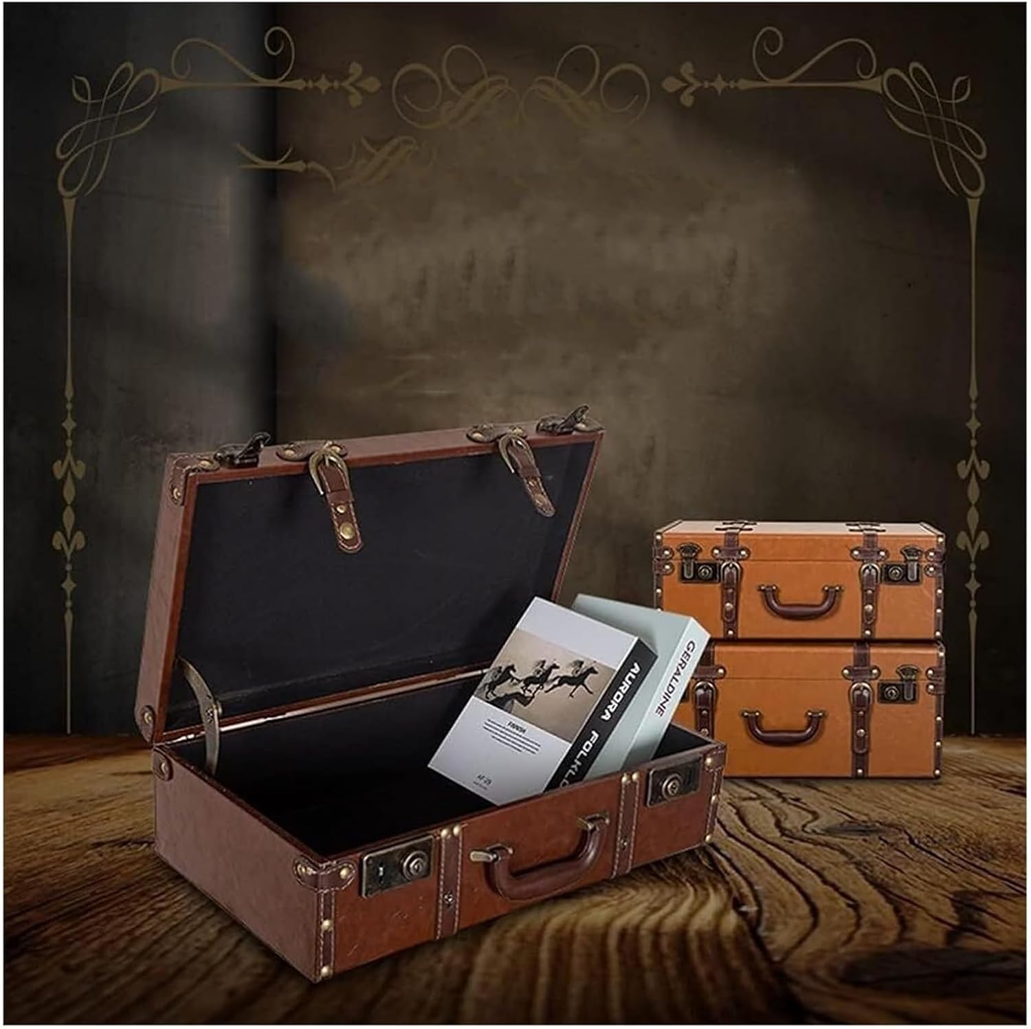 Vintage Wooden Storage Chest, Vintage Suitcase, Vintage Suitcase, Decorative Storage Trunks, Vintage Leather Suitcase for Home Decoration Window Decoration(Brown,54x34x20cm)