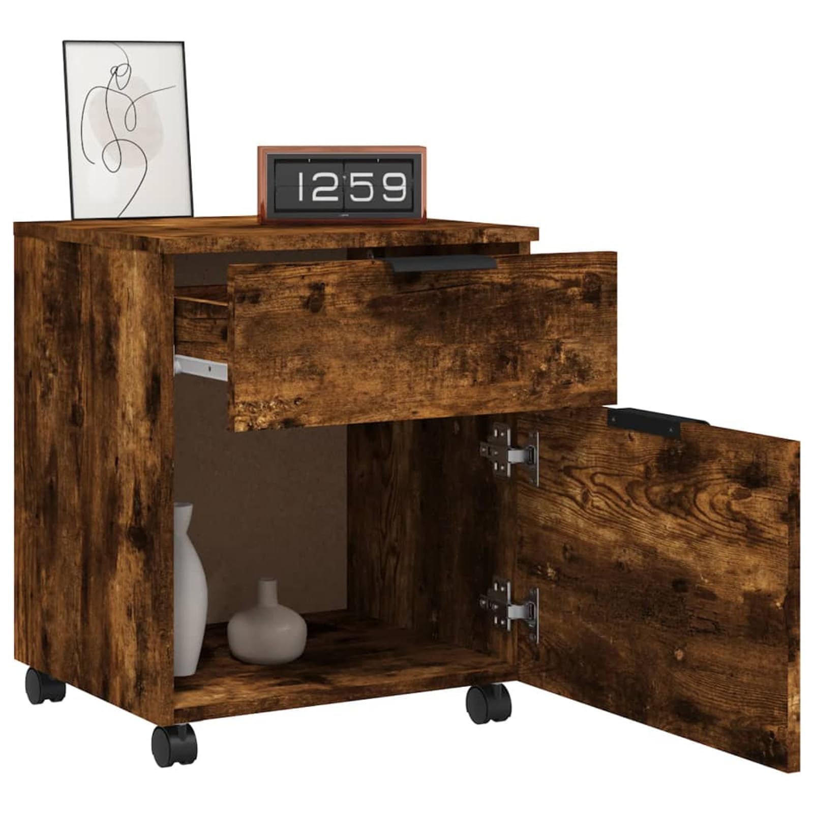 Schedario con Ruote Rovere Fumo 45x38x54 cm Legno Multistrato,Cassettiera, Mobiletto da Ufficio con Serratura,Regolabile per Cartelle Sospese, Superficie Testurizzata, per Ufficio, Studio