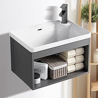 18-inch Wall-Mounted Floating Gray Open Bathroom Vanity with Ceramic Basin Compact Mini Sink Unit