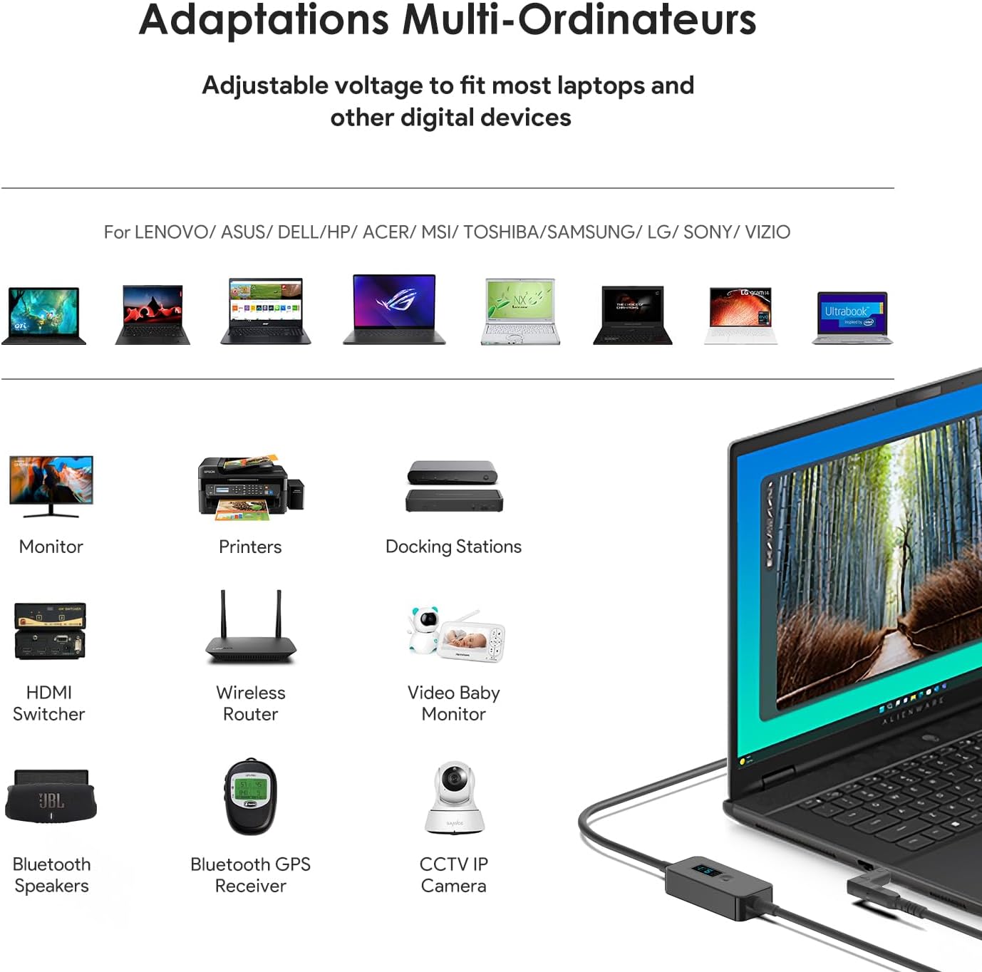 PD USB C to DC Fast Charging Cable with Adjustable Voltage Output 5V/9V/12V/15V/20V/28V Universal PD Fast Charging Cord Multi-Voltage Adapter with 15 Connectors Tips 6.9 ft with LED Display