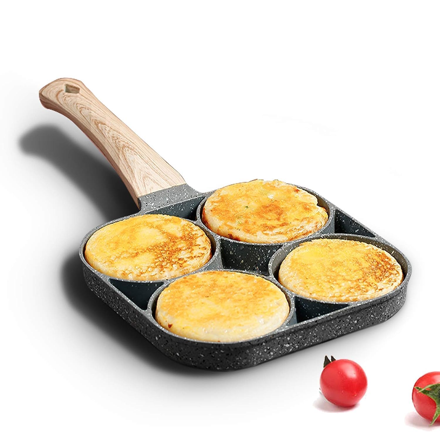 Non Stick Egg Frying Pan 4 Hole Non Stick Frying pan, Multi-Purpose Frying pan for Omelet uttapam,idli Burger Poached Egg Kitchen Breakfast with Detachable Handle(Black) (Model : MBH)