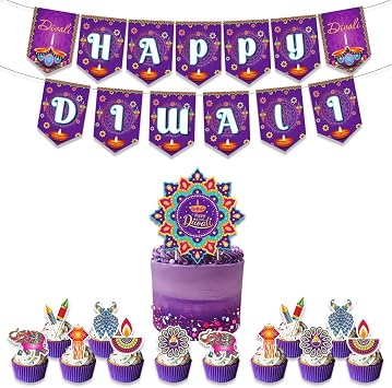 Diwali Festival Party Decoration,Purple Happy Diwali Hanging Banner Indian Diwali Festival Cake Cupcake Toppers for Hindu Diwali India Festival of Lights Deepavali Party Supplies