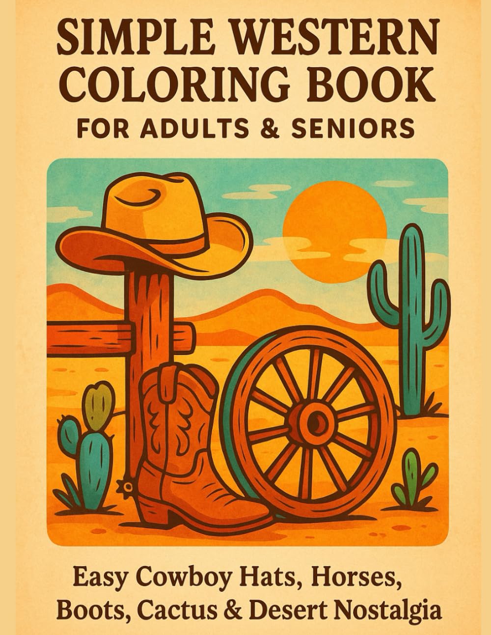 Simple Western Coloring Book for Adults & Seniors: Easy Cowboy Hats, Horses, Boots, Cactus & Desert Nostalgia