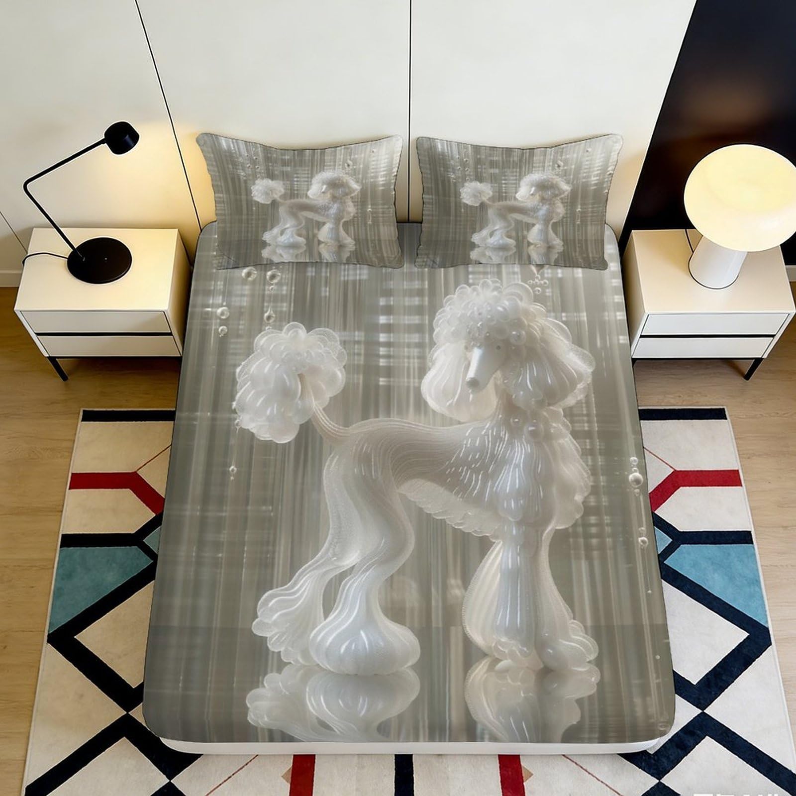 3D Printed White Poodle Fitted Sheet Microfiber Soft Bed Cover for Bedroom Decor Dorm Mattress Protection 90x200x25cm