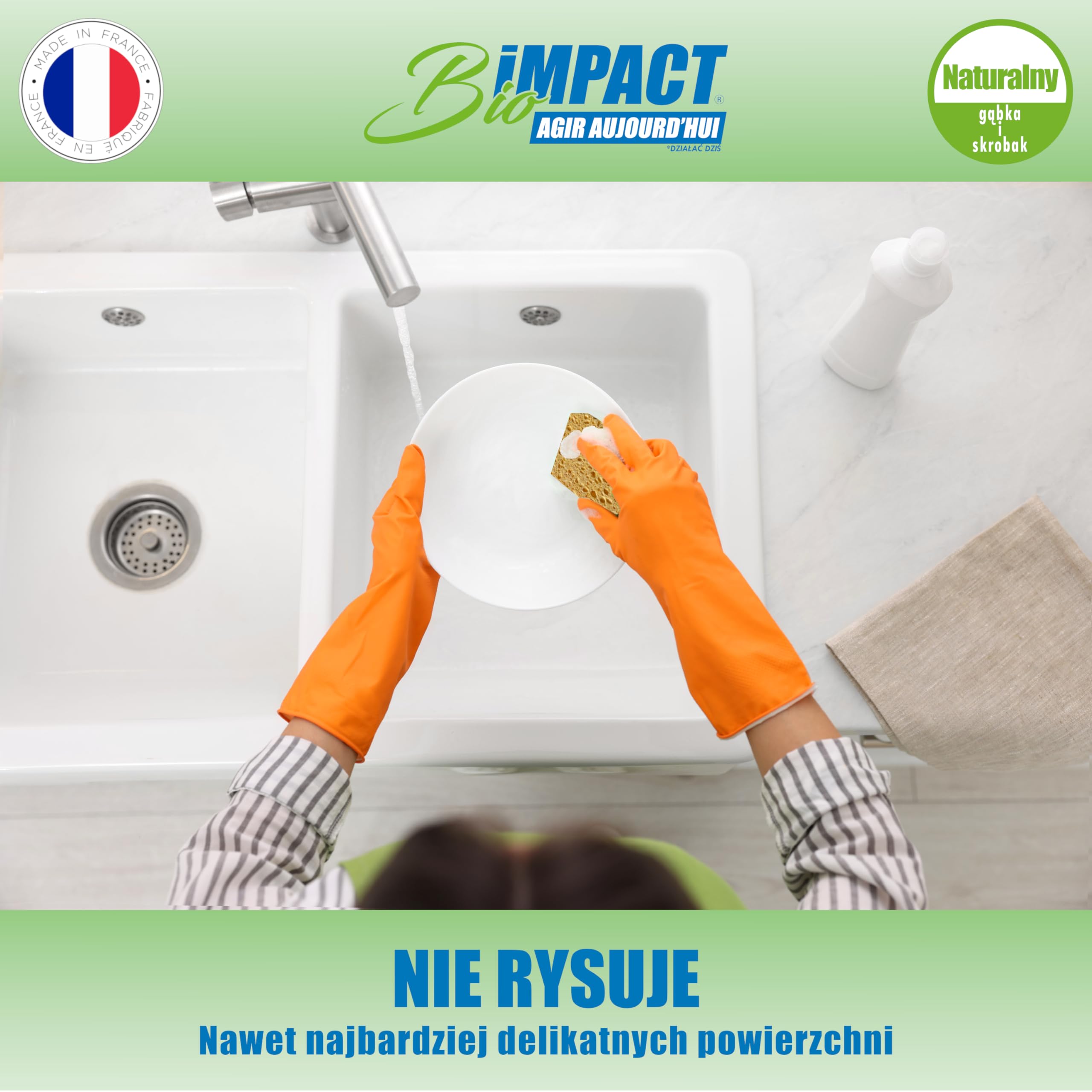 Gąbka do naczyń wielokrotnego użytku, zestaw 4, Naturalny, drapana bez zarysowań, wyprodukowana we Francji