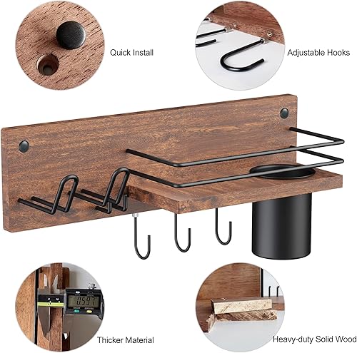 Miniatura 3 de Soporte de madera para secador de pelo montado en la pared, organizador de herramientas de pelo de baño, estante de soporte para secador, rizador y