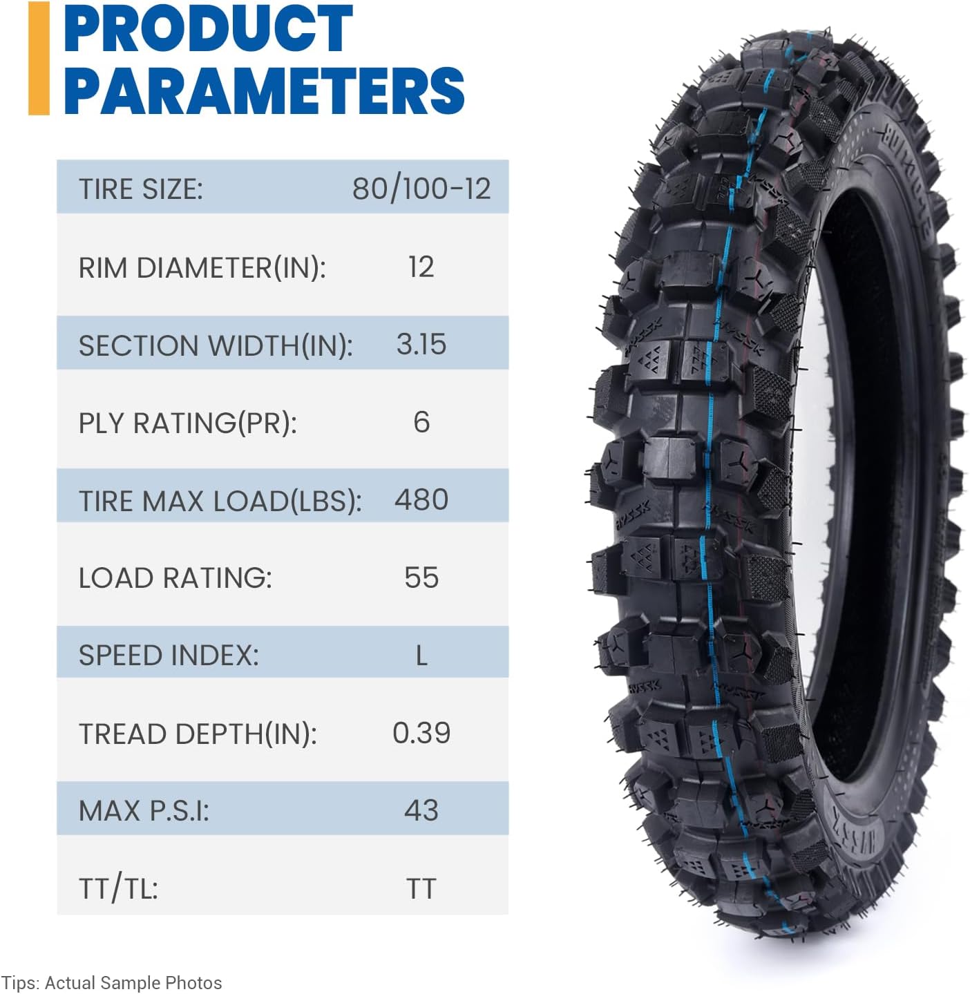 Wear-Resistant, Hyssk 80/100-12 (3.00-12) 6PR, DOT-Certified, Heavy-Duty Dirt Bike Rear Tire and Inner Tube, Deep Tread, for CRF70/110, KLX110, 110cc & 125cc Off-Road Pit Bikes