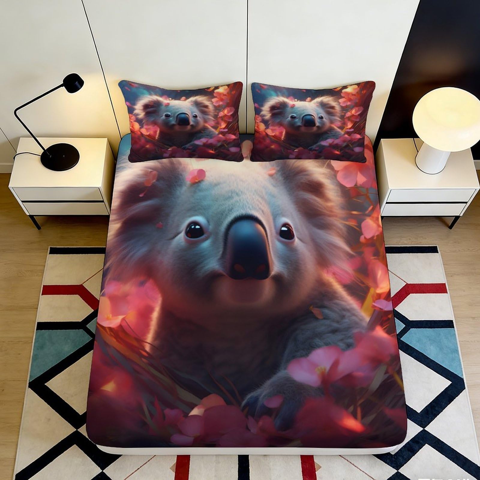 3D Printed Cute Koala Fitted Sheet Microfiber Soft Breathable Floral Mattress Cover for Bedroom Dormitory Guest Room Protection Decoration 120x200x25cm