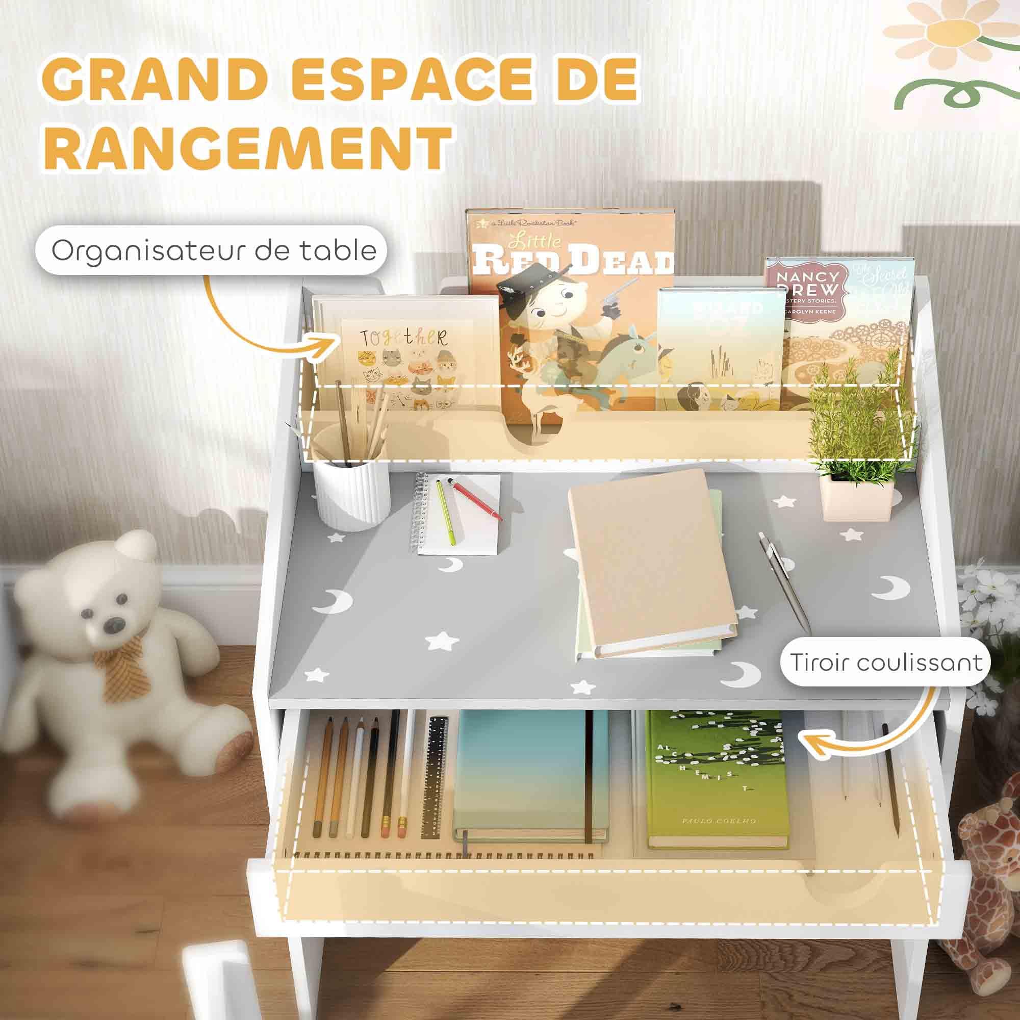 AIYAPLAY Bureau et Chaise pour Enfant 3-6 Ans avec Tiroir Coulissant, Gris