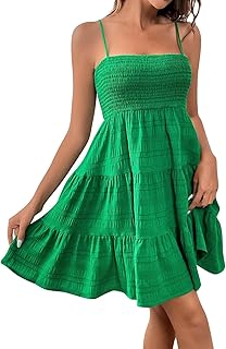 Babydoll Dresses for Women 2025 Casual Smocked Spaghetti Strap Square Neck Cami Dress Adjustable Beach Skater Sundress - Buy now