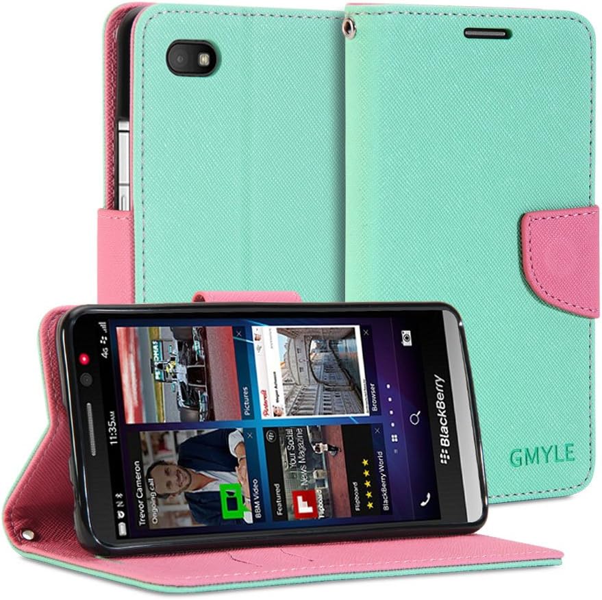 BlackBerry Z30 Case, GMYLE Wallet Case Classic for BlackBerry Z30 - Mint Green & Pink Cross Pattern PU Leather Slim Wallet Case Flip Folio Stand Cover