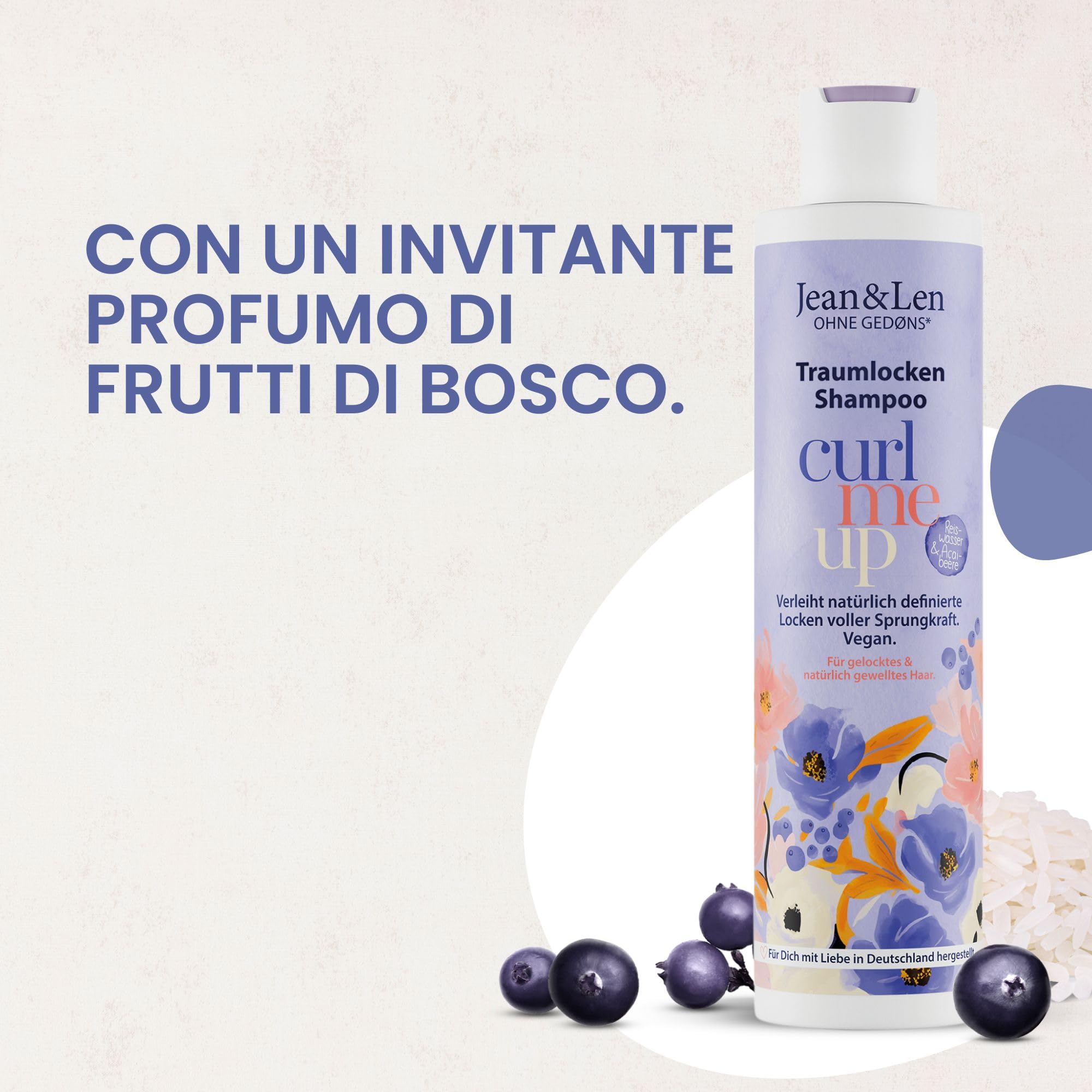 Jean & Len Shampoo Ricci da sogno Acqua di riso & bacche di acai, per capelli ricci e mossi, dona elasticità e volume, senza siliconi/parabeni, vegano, profumo fruttato, 6 x 300 ml