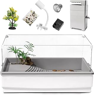 Turtle Tank Habitat, Acrylic Aquatic Tortoise Aquarium Starter Kit with Multi-Function Area, UV Basking Platform Light Lamp, Water Pump Filter, Bottom Drainage Plug for Reptile Hermit Crab Small