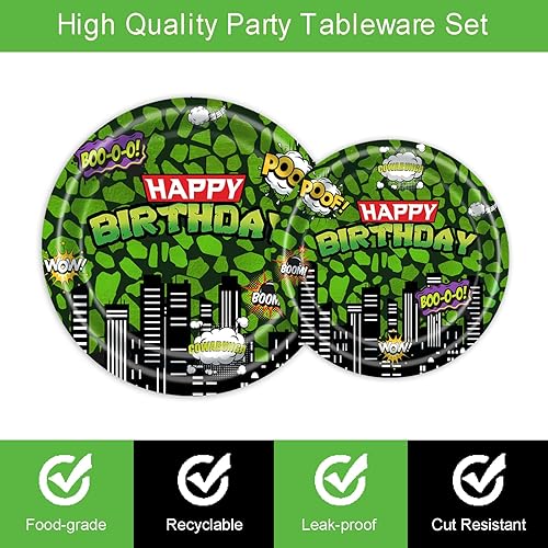 Miniatura 3 de Juego de 96 platos y servilletas para fiesta de cumpleaños de superhéroes ninja, diseño de cómics verdes, edificios de paisaje urbano, suministros