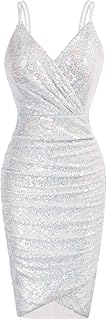 Women's Sexy Sequin Sparkly Glitter Ruched Party Club Dress Spaghetti Straps Wrap V-Neck Bodycon Dress
