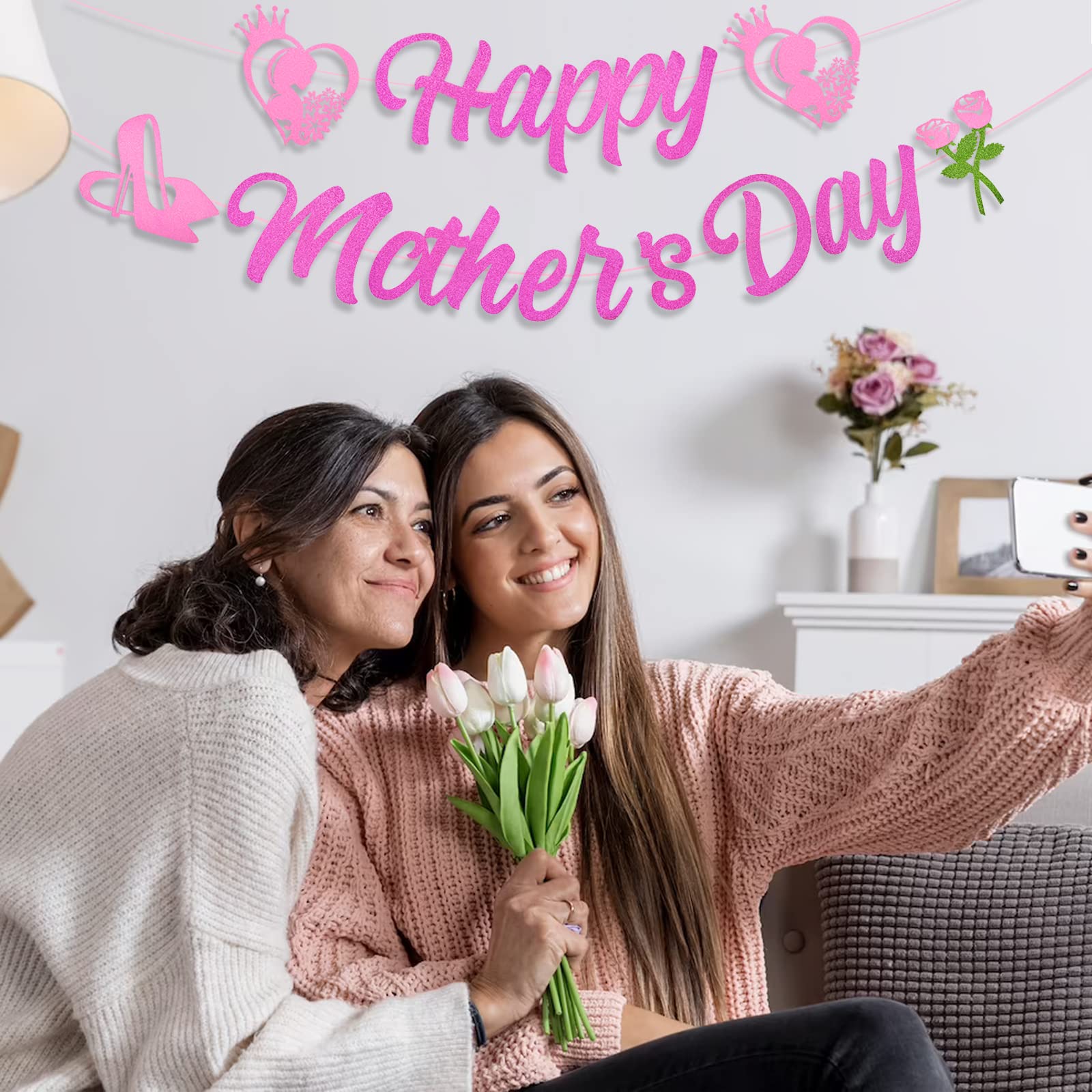 Muttertags-Banner "Happy Mother's Day" – Wimpelkette Mit Rosa Blumenmuster, Für Drinnen & Draußen