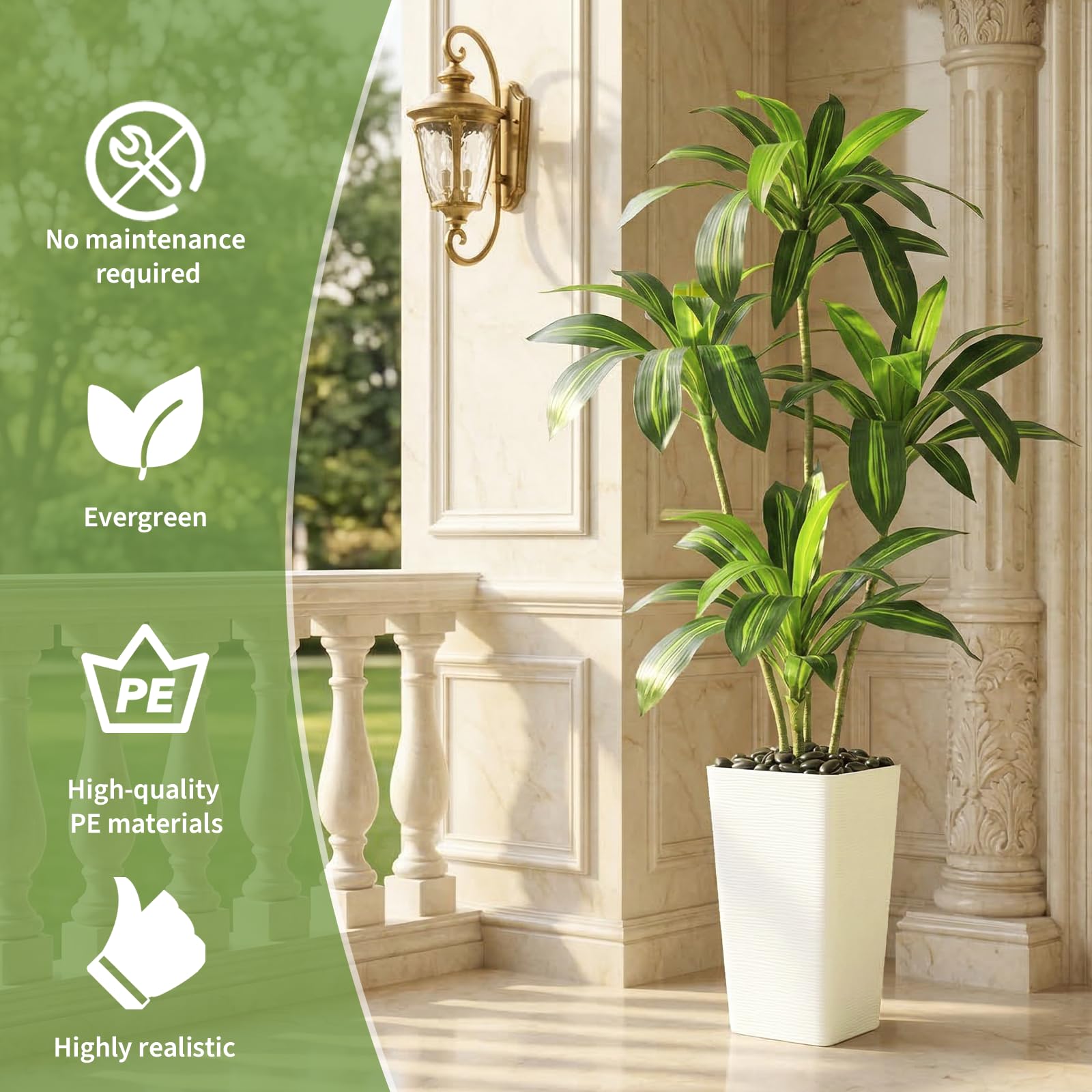 Dracaena Artificiale per Interni 150cm Albero Finto con Fioriera Bianca Alta, Pianta Finta Alta in Vaso, Pianta di Seta Artificiale per la Decorazione Della Casa, Ufficio, Soggiorno, Veranda, Patio