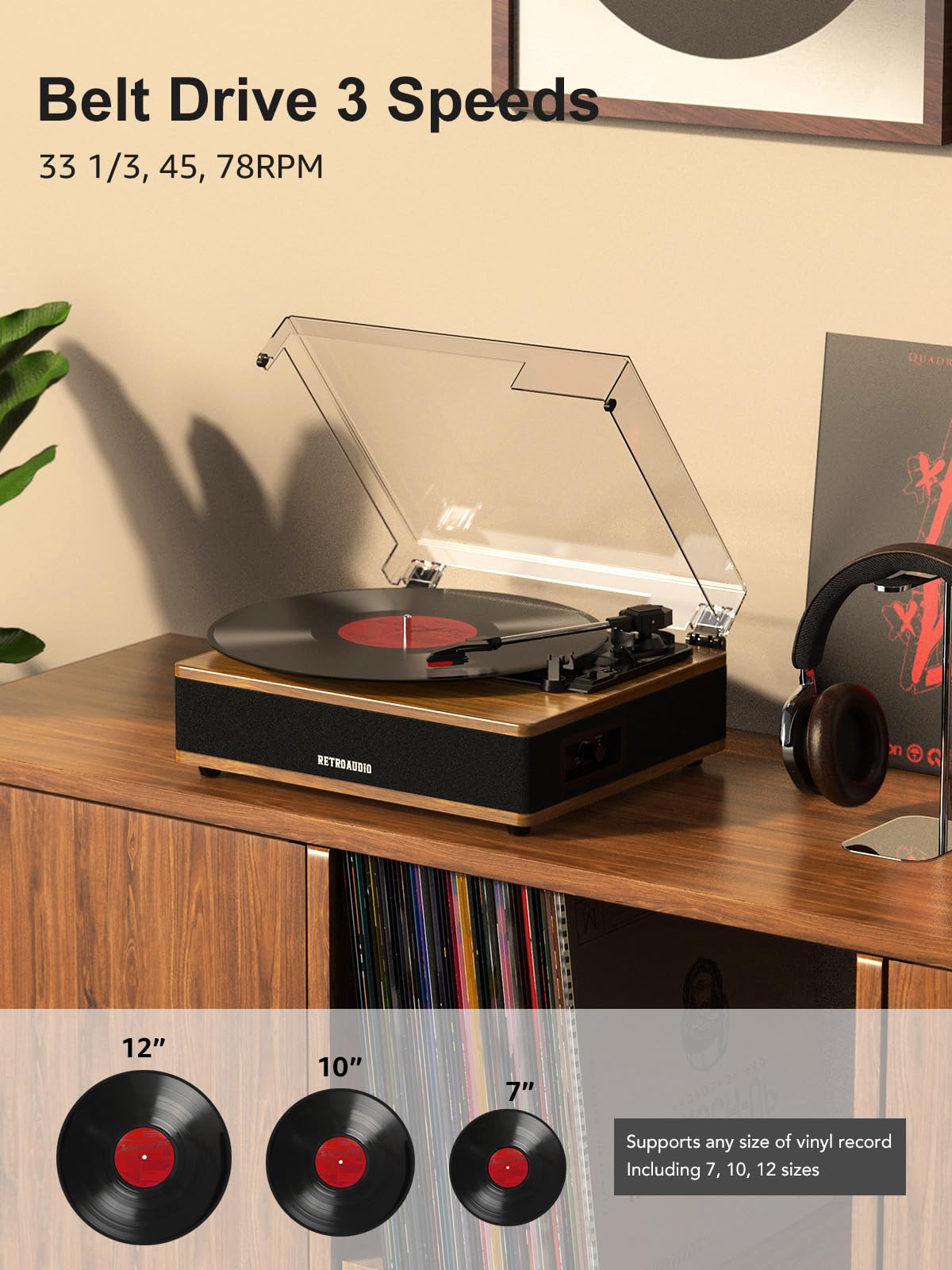 Giradischi con altoparlante integrato, giradischi vintage con trasmissione a cinghia e supporto ingresso Bluetooth, 3 velocità 33 1/3, 45, 78 giri/min RCA Out Auto Stop