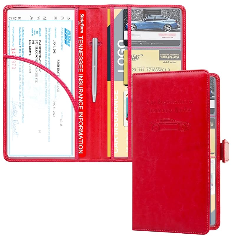 Organizador de Documentos Automotivos RSAquar para Porta-Luvas, Porta-Registro e Seguro em Couro Sintético PU Vermelho