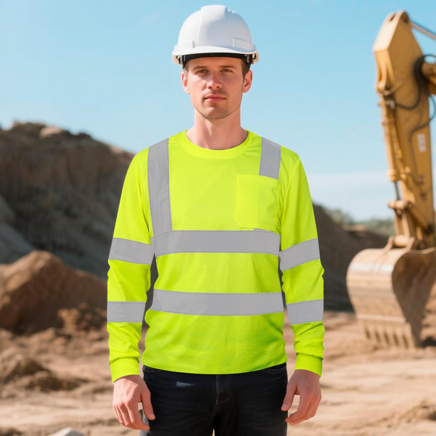 Hi Vis Shirts for Men and Women with Long Sleeve, Class 3 High Visibility Safety Shirts with Reflective Strips, Constrcution,Airports, Parking Lots, Yellow X-Large 3pcs
