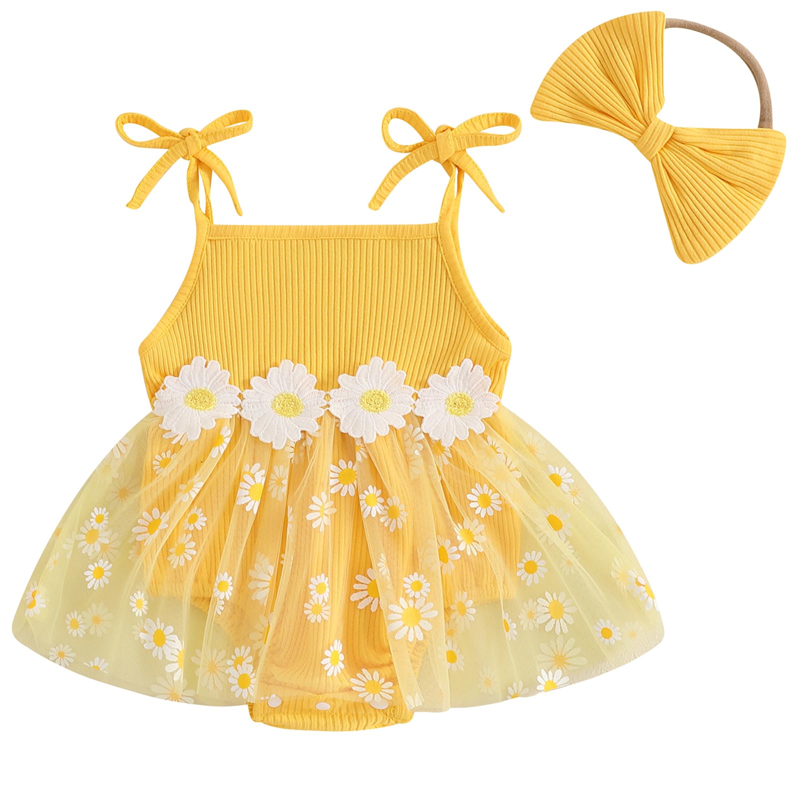 Mubineo Baby Girl Summer Clothes Cute Flower Boho Romper Dress Daisy Skirt Outfits Newborn Sleeveless Rompers Jumpsuit (Yellow, 0-3 Months)