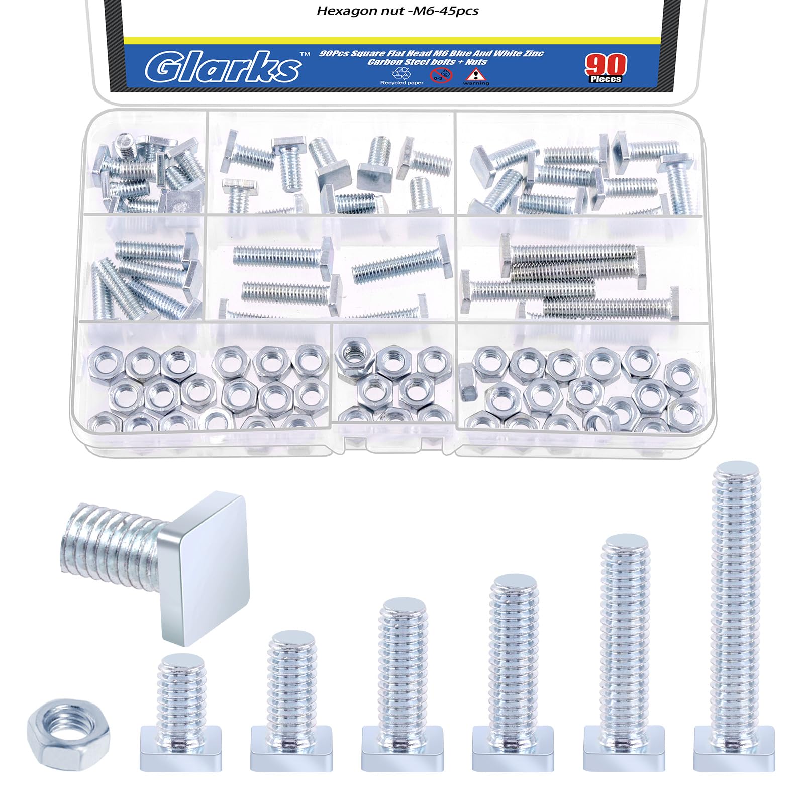 Glarks 90pcs M6 x 10/12/16/20/25/35mm Square Head Bolt, Zinc Plated Fully Thread Square Machine Screws