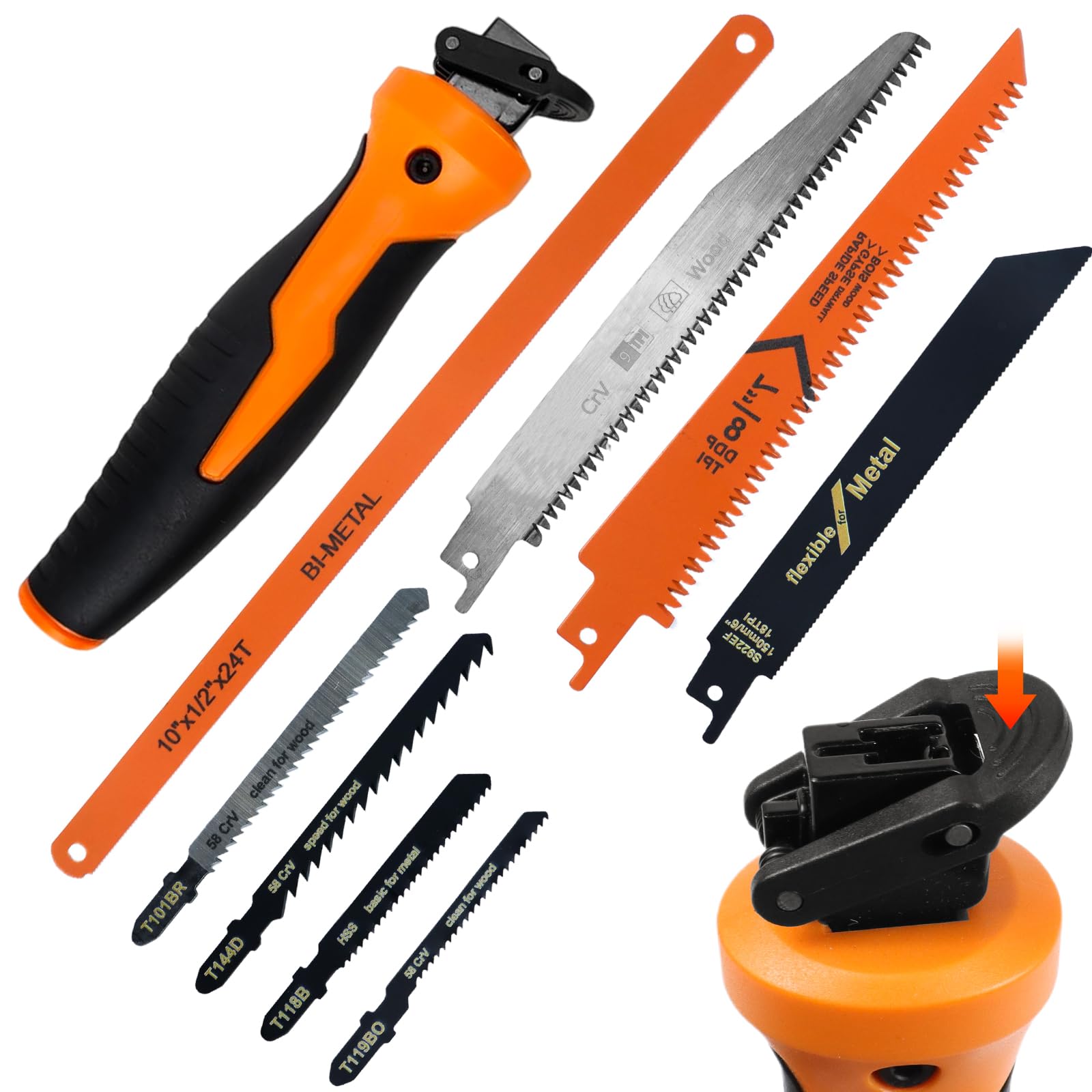 Set de Sierra Metálica 8 en 1, Mini Sierra para Bricolaje con 8 Hojas Intercambiables, Diseño Autobloqueante y Mango Ergonómico, para Cortar Madera, Plástico y Contrachapado