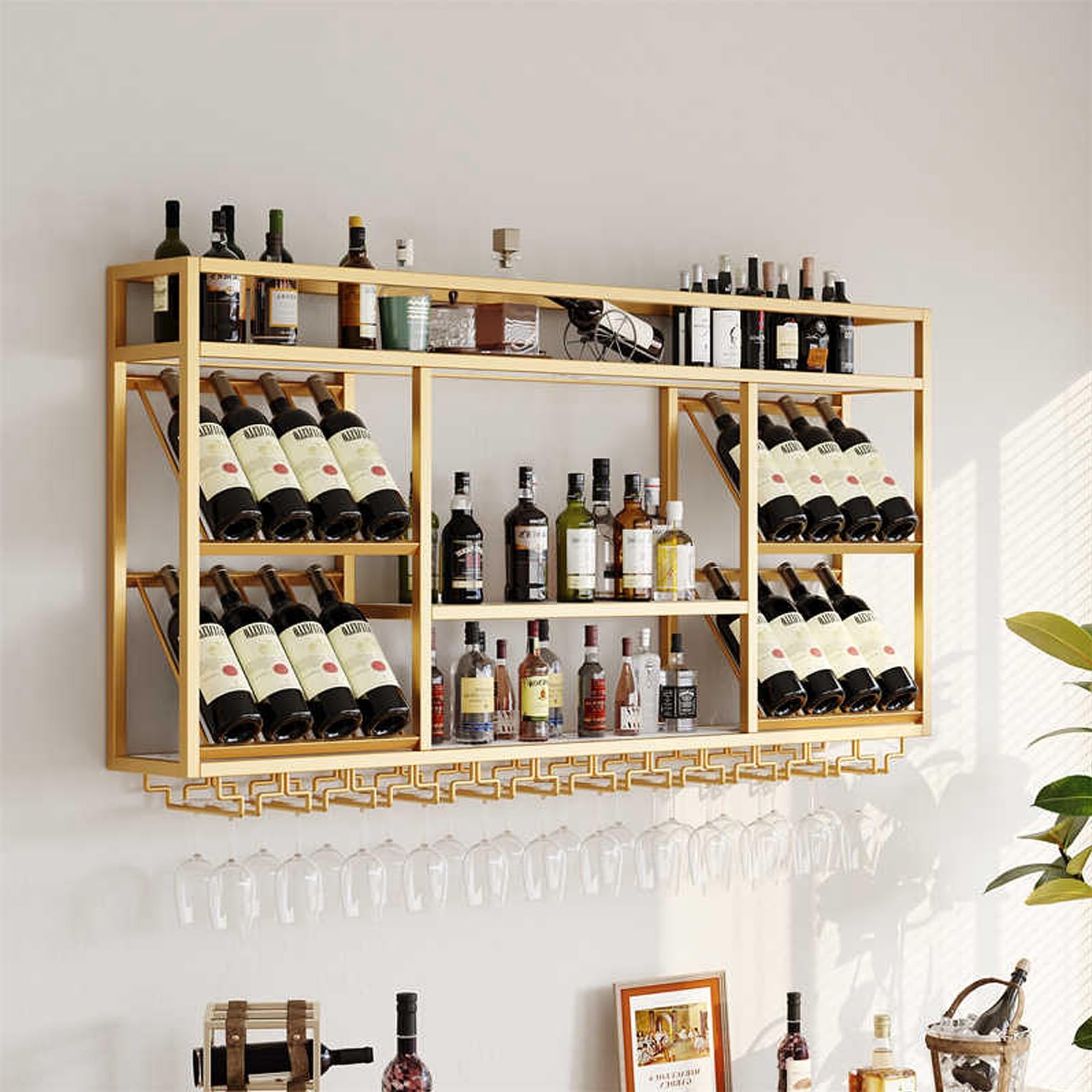 Étagère à vin murale en métal avec porte-bouteilles et porte-verres bar